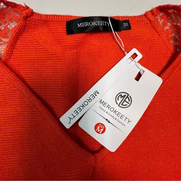 Vibrant Orange V-Neck Sweater with Lace Detail - Picture 6 of 9